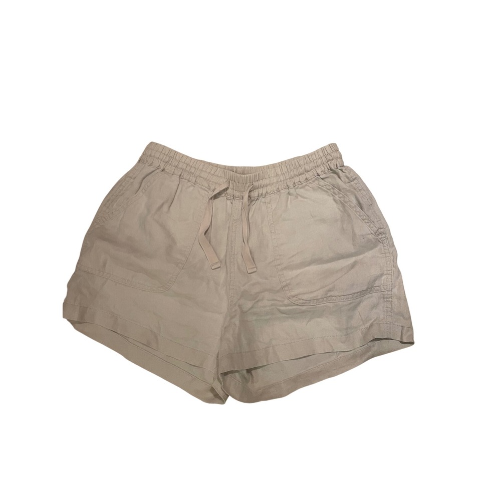 Womens Linen Blend Drawstring Shorts Khaki Tan Elastic Waist Casual Pockets